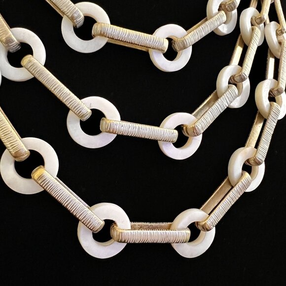 Chico's Mother of Pearl Multi-strand Gold Textured Link Statement Necklace - Picture 7 of 12